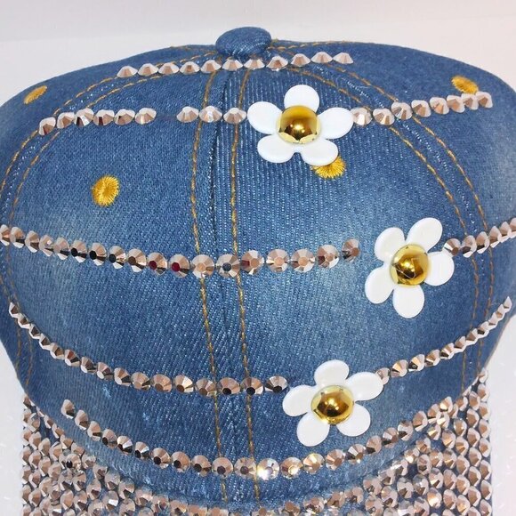 CRYSTAL EMBELLISHED BLUE JEAN BASEBALL CAP HAT W/ WHITE & GOLD DAISES main image 2